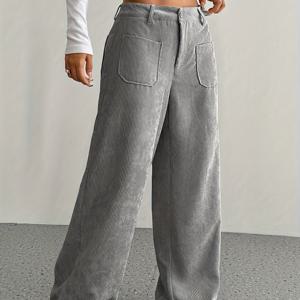 TEMU 여성용 그레이 코듀로이 하이웨이스트 와이드 레그 팬츠 - 다용도 포켓, 벨트 없는 허리 (지퍼 없음), 핸드워시 가능한 코듀로이 소재, 가을/겨울 캐주얼 & 프로페셔널 룩 (텀미 컨트롤, 연중 착용 가능)