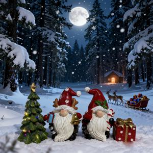 TEMU 4개 크리스마스 노움 장식 세트 (눈이 내린 소나무 & 빨간색 & 노움 피규어 포함) - 표현적인 눈과 얼굴이 있는 레진 장식, 벽장, 테이블 상판 디스플레이