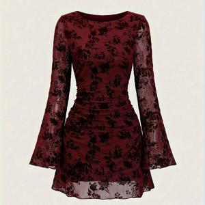 TEMU 여성용 우아한 빈티지 미니 드레스 - 튤 & 네트 벨 소매, 솔리드 컬러 라운드 넥 숏 티셔츠 탑, 기계 세탁 가능 가을/겨울 웨딩 게스트 드레스, 슬림핏 미니 길이 파티 & 특별한 날을 위한 우아한 스페셜 라인