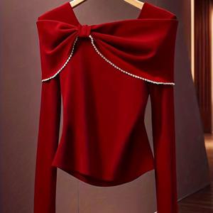 TEMU 새로운 우아하고 로맨틱한 여성용 가을/겨울 티셔츠, 리본 장식 및 화이트 레이스 스플라이싱, 데이트, 출퇴근, 크리스마스 등 캐주얼 웨어에 적합[M186]