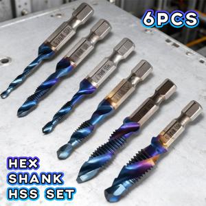 TEMU 6개 티타늄 도금 육각 생크 HSS 미터법 탭 드릴 비트 세트 - 수공구, 매니아 및 산업 전문가를 위한 정밀 나사산 공구