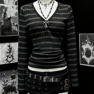 TEMU 여성용 Y2K 고딕 V넥 슬림핏 롱라인 티셔츠 - 블랙 & 그레이 탑, 사계절 착용 가능한 세탁기 사용 가능 블라우스 (논-)