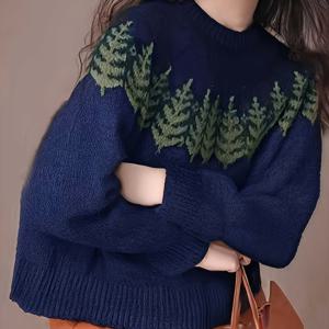 TEMU 방향성 다크 블루 크리스마스 트리 스웨터, 풀오버 스타일, 게으른 고급스러운 느낌을 주는 가을/겨울용. 이 독특하고 스타일리시한 한국 버전은 부드럽고 포근하여 여성 겨울 의류로 완벽합니다. 루즈핏은 출퇴근에 적합합니다.