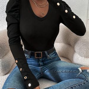 TEMU 가을&겨울 여성용 단색 V넥 캐주얼 다용도 긴팔 티셔츠 (버튼 디테일) | 우아한 스타일, 버튼 장식, 모든 계절에 적합