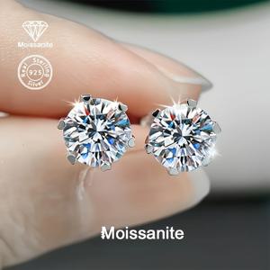 TEMU 925 실버 2캐럿 화이트 모이사나이트 식스프롱 클래식 스터드 귀걸이 여성용, 발렌타인데이 선물 일상 휴가 파티 웨딩 브라이덜 라이트 럭셔리 다용도 여성 주얼리