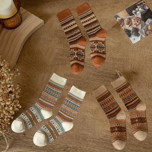 TEMU 여성용 가을 겨울용 청크 미드 카프 양말 3켤레, 일본 레트로 스타일에 에스닉 감각, 이중 바늘 이중 트랙 스타일, 멜랑쥬 컬러, 손세탁 또는 드라이 크리닝, 아웃도어 양말, 겨울 양말, 레트로 양말, 에스닉 양말