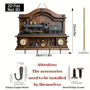 TEMU 2D 플랫 레트로 기차와 선로 패턴 장식 벽시계, 네 개의 금속 후크 포함, 현관, 방, 빌라에 적합, 11.81인치 x 9.06인치 다기능 홈 데코 DIY 나무 키 홀더, 2D 플랫|벽시계|벽시계