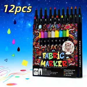 TEMU 12개 세트 워셔블 패브릭 마커, 얼룩 방지 멀티 컬러 손 그림 방수 및 퇴색 방지 양면 펜 (사업 및 식당용), 창의적인 공예, 생생한 색상, 미술 도구, 워셔블 잉크, 드로잉 펜, 재사용 가능한 미술 용품,