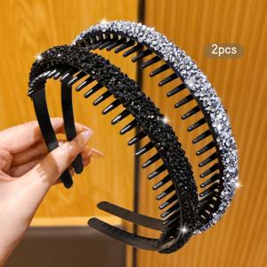 TEMU 2개입 라인스톤 헤어밴드 (치아 & 미끄럼 방지) - 한국 스타일 스위트 스타일, 반짝이는 라인스톤 여성용 머리끈, 데일리 & 포멀 행사, 손세탁 전용, 이벤트 헤어피스, 엘레강트 헤어피스, 내구성 좋은 헤어피스, 패션 헤어피스