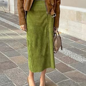 TEMU 여성용 우아한 레트로 페이크 퍼 하이웨스트 슬릿 미디 스커트 - 올 시즌 활용 가능한 단색 펜슬 드레스, 캐주얼 및 포멀 의상에 어울리는 스플릿 헴 디자인, 패션을 중시하는 여성, 스타일리시한 하의, 튼튼한 구조, 세련된 스타일