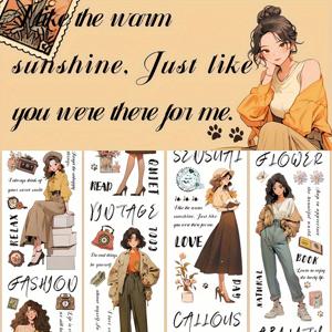 TEMU 1롤 (2m/72ft) 모던 걸 아세스틱 PET 테이프 - 귀여운 캐릭터, 플로럴 & 책 패턴 (텍스트 포함) - 스크랩북, 저널링, 공예, 플래너 장식용 워셔블 페이퍼 테이프