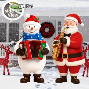 TEMU 2D 플랫, 2개 대형 야외/크리스마스 정원 장식 세트 - 산타 & 눈사람 듀오, 뮤지컬 색소폰 & 아코디언 소품, 내구성 플라스틱 폴 장착 잔디 사인, 현관, 휴일 파티용 (쉬운 조립, 클래식 캐릭터), 2D 플랫
