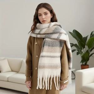 TEMU 여성용 레트로 카키 스카프 - 부드러운 인조 소재의 겨울 따뜻함, 프린지 트림 & 플러시 태슬, 베이지/브라운/그레이/화이트 숄 랩, 캐주얼 & 포멀 룩에 어울리는 우아한 추위 방지 액세서리