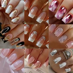 TEMU 96피스 숏 스퀘어 프렌치 스타일 풀커버 매니큐어 - 화이트 팁 그라데이션 베이스, 광택감 숏 길이 인조네일, 여성용 봄 여름 데일리웨어 & 특별한 날에 어울리는 매니큐어