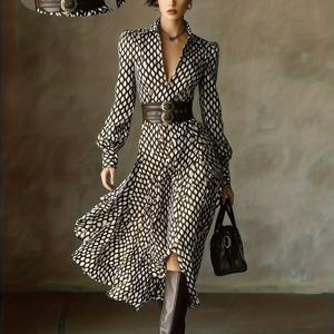 TEMU 1개 여성용 우아한 V넥 A라인 드레스, 기하학적 프린트 - 가볍고 통기성 좋은 원단, 구조적인 핏 & 플레어 밑단, 올 시즌 활용 가능한 캐주얼부터 포멀 웨어까지, 포멀 복장, 세련된 스타일, 부드러운 질감, 스타일리시한 의상, 패션 애호가