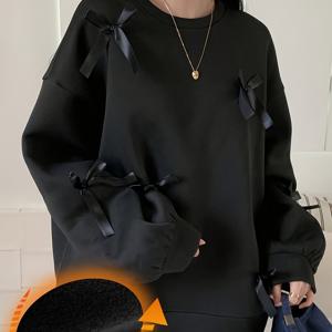 TEMU 여성용 우아한 3D 나비 리본 & 벨벳 후드티 - 부드러운 긴소매 풀오버 스웨트셔츠, 리본 디테일, 루즈핏 캐주얼 겨울 스웨터 (가을/겨울용), 포근한 의류, 가을 패션, 스타일리시 스웨트셔츠, 패션 애호가