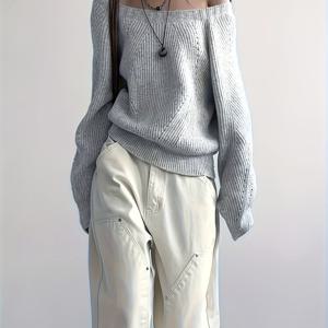 TEMU 여성용 Y2K 한일 스타일 오프숄더 스웨터 - 솔리드 화이트 라운드넥 긴팔 겨울 코트, 일본-한국 스타일 풀오버 자켓, 가을 & 봄용, 기계 세탁 가능한 레이어드 아웃핏 (비침 방지)