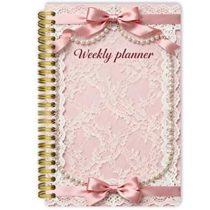 TEMU 52주 스파이럴 바운드 주간 플래너 다이어리 (53매 & 106페이지) - 우아한 레이스 & 리본 디자인, 레이아웃, 월/주/일 섹션, 습관 추적기 - 업무, 학교, 가정용 소형 정리함 - 성인, 사무용품을 위한 이상적인 선물|편지지