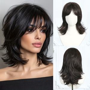 TEMU 16인치 블랙 앞머리 여성용 섬유 메커니즘 잠금 뼈 가발, 데일리, 파티, 뮤직 페스티벌, 할로윈, 크리스마스 등 기본 스타일, 세련되고 멋지며 깔끔하고 정돈된 레이어드 컷