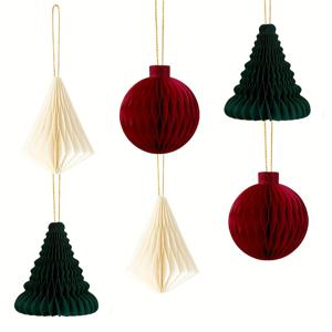 TEMU 6개 3D 미니 종이 벌집 랜턴 행잉 장식 - 빨간색 & 녹색 크리스마스 트리 장식, 금색 태슬 포함, 전기 불필요, 내구성 좋은 종이, 크리스마스 파티, 새해 홈 데코, 크리스마스 장식, 축제 파티 장식