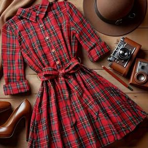 TEMU 여성용 우아한 프렌치 스타일 체크무늬 드레스 - 긴소매 A라인 스커트, 벨트 포함, 레드 & 타란트 패턴, 올 시즌 포멀 & 캐주얼 크리스마스룩, 패션 애호가, 스타일리시한 의상, 고품질 스티칭, 세련된 스타일, 패션