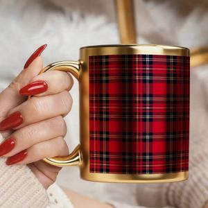 TEMU 1개 스코틀랜드 타란 플래드 머그 - 골드 액센트가 있는 튼튼한 11oz 세라믹 커피 컵, 레드/오피스, 사무실 음료 용품, 내구성 좋은 음료 용품, 우아한 디자인, 파티 음료 용품, 파티 - 스코틀랜드 애호가를 위한 이상적인 선물 (케일틱 노트워크 디자인)