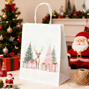 TEMU 12개 크리스마스 선물 가방, 사슴 & 나무 패턴, 겨울 휴일 장면 디자인, 방습, 22x11x27cm, 손잡이 포함, 실내 장식에 적합, 크리스마스 선물 가방, 크리스마스 장식, 축제 디자인, 튼튼한 종이