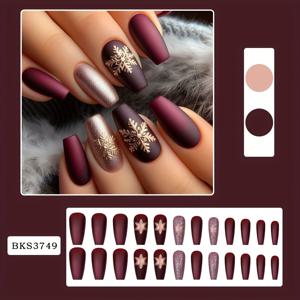 TEMU 24개 세트 겨울 크리스마스 프레스온 네일 - 우아한 버건디 매트 & 글리터 골드 3D 눈꽃 네일, 발레 모양 중간 길이 네일 아트, 파티, 웨딩 & 새해 이벤트용