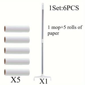 TEMU 6개 세트 (5롤 + 걸레) DUTORA 반려동물 털 제거 시스템 - 리트랙터블 긴 손잡이 롤러 & 털 제거 걸레 - 고강도 고양이/개 털 제거용, 바닥, 소파, 가구 - 가정용 반려동물 털 제거 도구