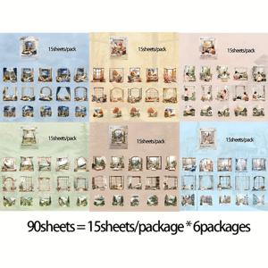 TEMU 6팩 (90매) 날씨 창문 풍경 패턴 PET 투명 스티커, 선물 포장 마감 라벨, 휴대폰 케이스, 물병, 앨범 장식용 핸드 저널 베이스 패치