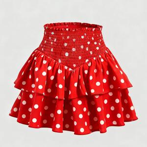 TEMU 여성용 우아한 레드 폴카 도트 러플 헴 스커트 - 벨트 허리 두꺼운 A라인 파티 드레스, 올 시즌 포멀 & 캐주얼 크리스마스, , 크리스마스 의상, 러플 헴라인, 벨트 허리라인