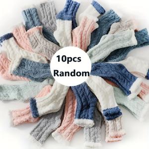 TEMU 여성용 가을/겨울 랜덤 코랄 양말 10pcs 5켤레, 플러시 보온 수면 양말, 추위 방지 부드럽고 편안한