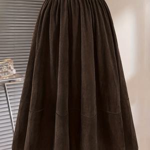TEMU 여성용 코듀로이 미디 스커트, 신상 가을/겨울 A라인 하이웨이스트 패치워크 우산 스커트 탄력성 허리밴드