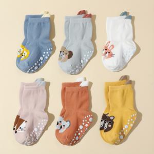 TEMU 사계절용 귀여운 만화 동물 미끄럼 방지 중목 양말 6켤레