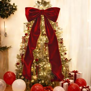 TEMU 크리스마스 트리 탑퍼용 대형 레드 벨벳 리본 - 6피트 거대한 넓은 리본, 트리 탑퍼, 창문, 벽, 벽난로에 적합 - 럭셔리 핸드 스티치 (사전 성형) 장식, 크리스마스, , 겨울용 - 헤비듀티 홈 파티 데코