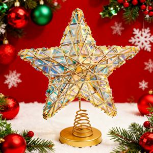 TEMU 2025년 신상 스팽글 다섯각 별, 가정용 크리스마스 트리 상단 장식 및 기념일 파티, 선물, 내구성 좋은 플라스틱 및 금속 구조, 크리스마스 트리 상단 장식에 적합