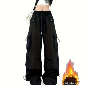 TEMU 여성용 탄력 허리밴드 보온 팬츠 - 헤비듀티 겨울용 긴 카고 바지, 포켓 포함, 세탁기 사용 가능 100% 폴리에스터, 추운 날씨 야외 및 작업복용