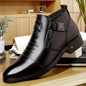 TEMU 남성용 글로시 인조 커버 미드 카프 부츠, 골드 톤 버클 & 지퍼 클로저 - 글로시 갑피, EVA 안창, 고무 밑창, 포인티드 토