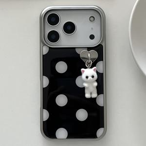 TEMU 휴대폰 케이스 - 귀여운 반짝이는 폴카 도트 에폭시 폰 케이스, 아이폰 17 Promax, 17 Pro, 17 Air, 17, 16, 15, 14, 그리고 13 Pro Max와 호환 가능, 매력적인 만화 고양이 펜던트 및 충격 방지 후면 커버 특징.|폰케이스|아이폰케이스
