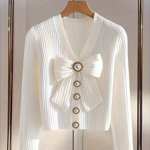 TEMU 여성용 우아한 긴팔 티셔츠, 골지 원단, 리본 장식, 가을 시즌을 위한 인조 진주 버튼 디자인.