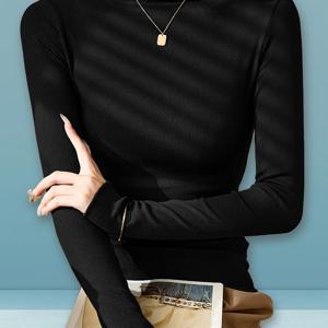 TEMU 여성용 스레드 하프 터틀넥 러플 롱슬리브 티셔츠, 봄 가을 베이스 셔츠 탑