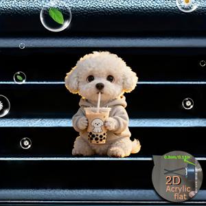 TEMU 2D 평면, 1개 귀여운 포메라니안 강아지 버블티 마시는 에어벤트 클립 - 2D 평면 아크릴 차량 대시보드 장식 향기 디퓨저 슬롯 포함 (향기 미포함) - 무취 & 반려동물용, 방수 대시보드 액세서리, 2D 평면