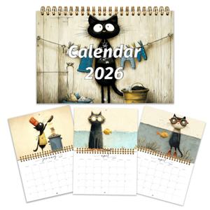 TEMU 2026 핸드드 빈티지 고양이 달력 - A5 월간 탭 플래너, 스파이럴 바인딩, 귀여운 새끼 고양이 일러스트, 홈/오피스용 데이트 달력, 고양이 애호가를 위한 새해 선물, 영문 텍스트 및 날짜 인쇄