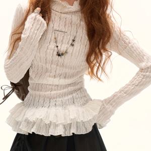 TEMU 우아한 이중 레이어 러플 하이넥 긴팔 티셔츠 | 2025년 겨울 신상 다용도 탑, 단색, 브랜드: Zhuozhi