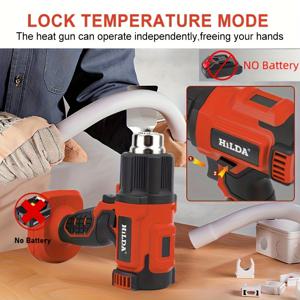 TEMU HILDA 무선 열풍기, 마키타 18V/21V 배터리용 효율적인 열풍기, 3가지 노즐, 온도 잠금, 최대 989.6°F (532°C), 수축 튜브, PVC 랩, 가정 수리용, 배터리/충전기 미포함