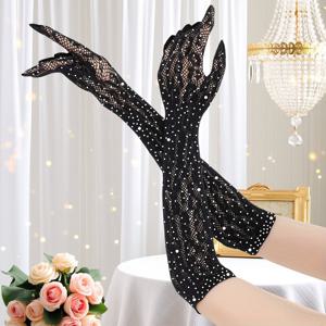 TEMU 고급스러운 인조 장식이 돋보이는 우아한 여성용 장갑. 볼, 파티, 데이트, 결혼식에 완벽하며, 반짝이는 레트로 프린트와 높은 탄성으로 특징입니다.