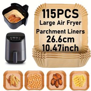 TEMU 에어프라이어 라이너 115개입 - 대형 논스틱 및 오일 저항 파스텔지 시트, 치킨 윙, 감자튀김, 파티 용품 베이킹에 적합. 간편한 청소를 위한 필수 주방용품, 사각형 모양, 흡오일 소재|에어프라이어