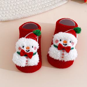 TEMU 0-3세 아기용 양말 한 쌍, 가을/겨울에 적합, 코랄 플리스 소재, 미끄럼 방지 바닥 양말, 새해 축하용 레드 양말, 두꺼운 보온 겨울 양말, 귀여운 만화 디자인.