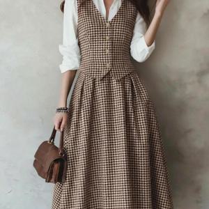 TEMU 여성용 하운드투스 빈티지 세트: 슬림핏 베스트 탑 + 플레어 우산 스커트, 영국 스타일 가을/겨울 오피스 출근용 우아한 체크무늬 정장