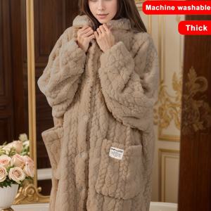 TEMU 가을/겨울 플란넬 여성용 루즈핏 플러스 사이즈 로브 - 홈 잠옷, 두꺼운 따뜻함, 편안하고 부드러움, 버튼 앞면, 긴소매 - 후드 - 큰 포켓 2개 포함, 긴잠옷 홈 로브, 욕실 목욕 가운, 게으른 사람들을 위한 로브|여성원피스|가을원피스|샤워가운